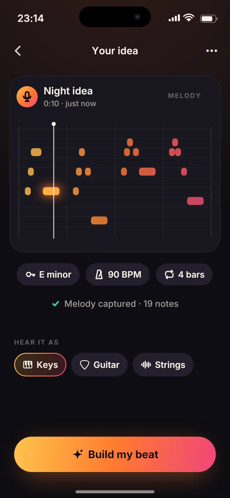 App screen: a hummed idea shown as notes, detected as E minor at 90 BPM, with a Build my beat button